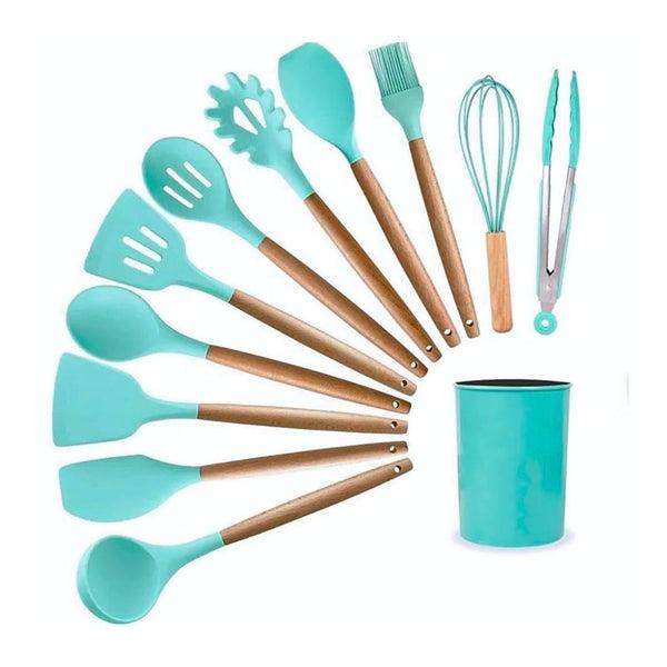 Kit Utensílios de Cozinha em Silicone Cabo de Madeira - 12 Peças